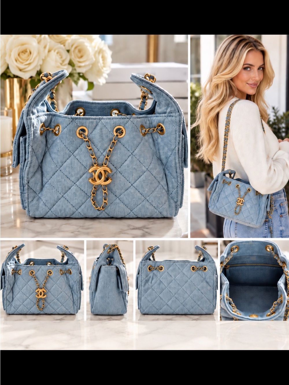 FASHION Mini 25 Denim Quilted Bag in Light Blue with Gold Hardware
